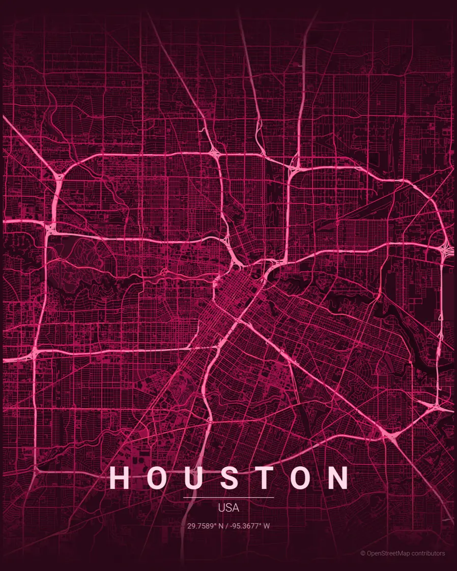 Stylised pink and plum street map of Houston, Texas marking the areas Miss Southern Queen covers